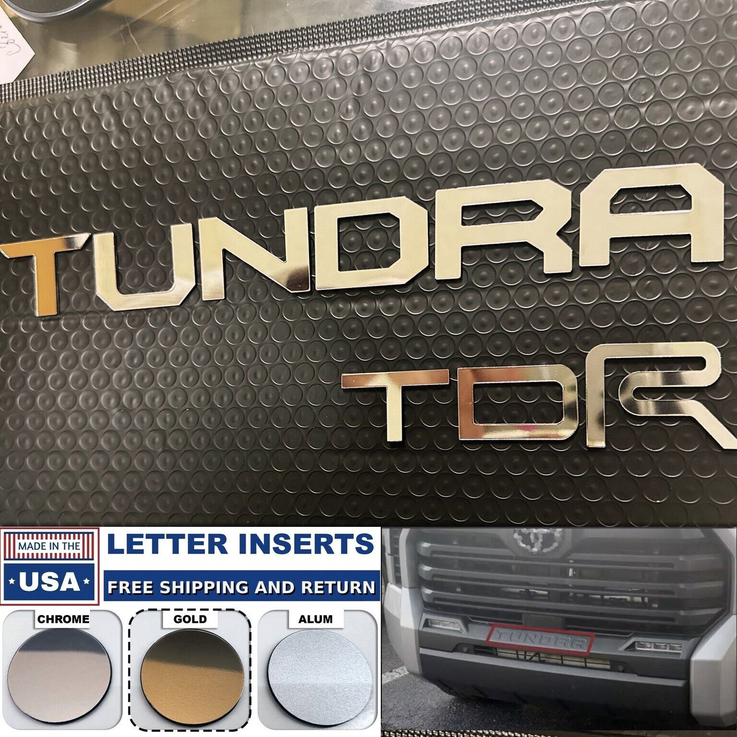 SET OF 2: 2022-24 GOLD Front Emblem TUNDRA + TRD GRILL Letters Inserts Badges