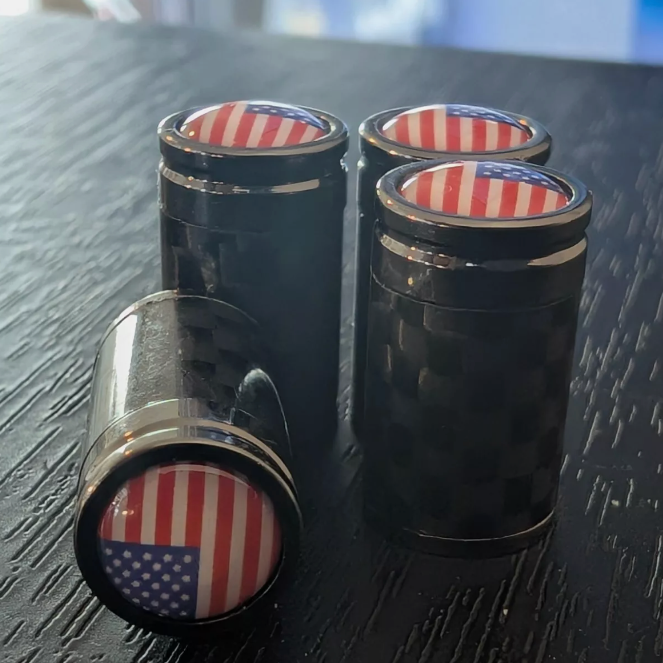 4x fits Patriotic US FLAG CARBON Tire Valve Stem Caps For Car Truck