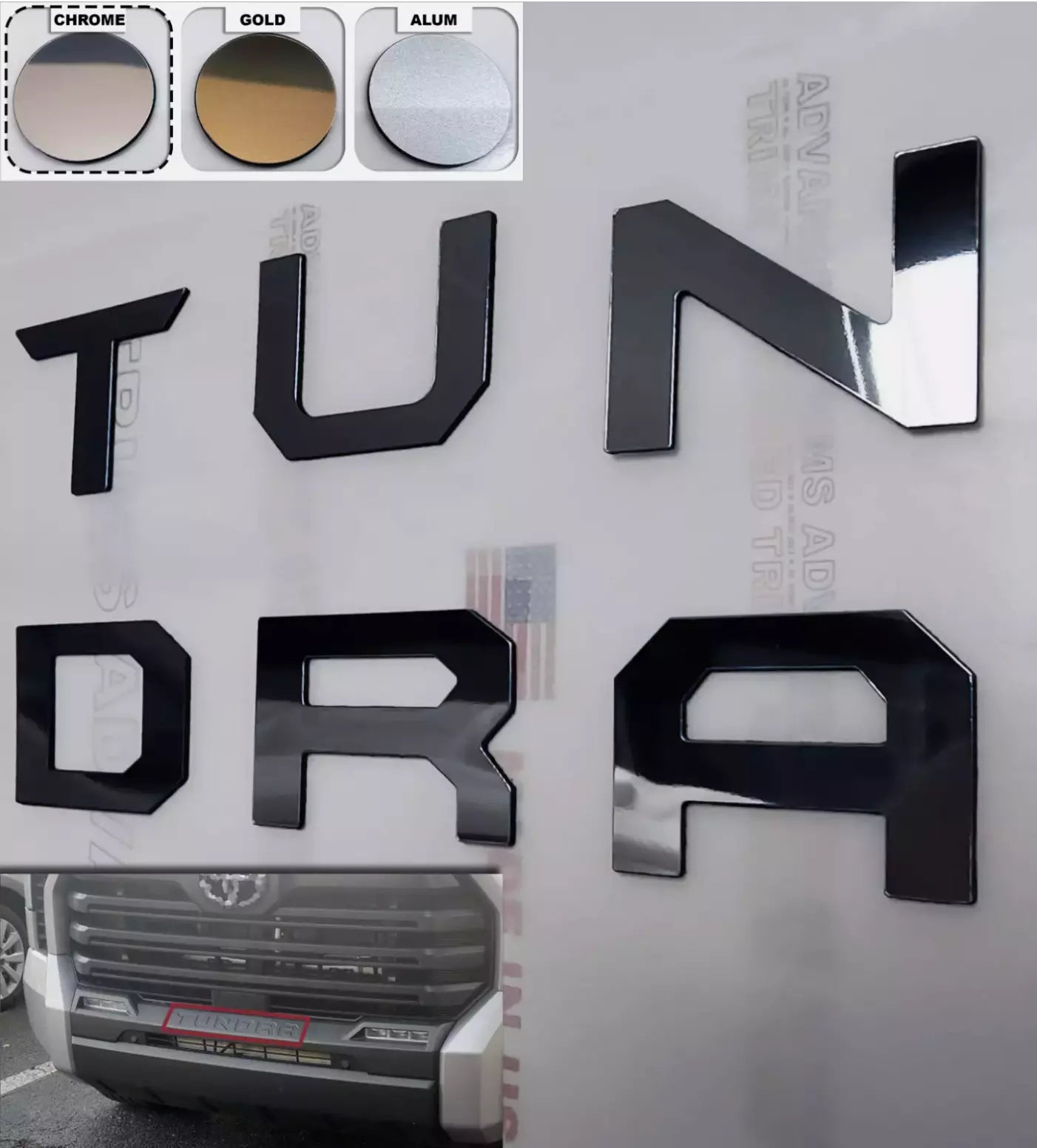 SET OF 2: Chrome Raised Plastic Letters Inserts Tundra 2022-2024 Tailgate + Grill