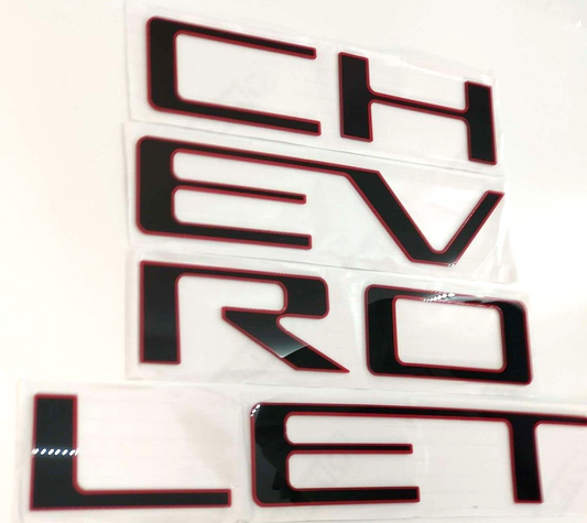 Black w.Red Out Acrylic Raised Tailgate Letter Inserts Chevy Silverado 2019-25