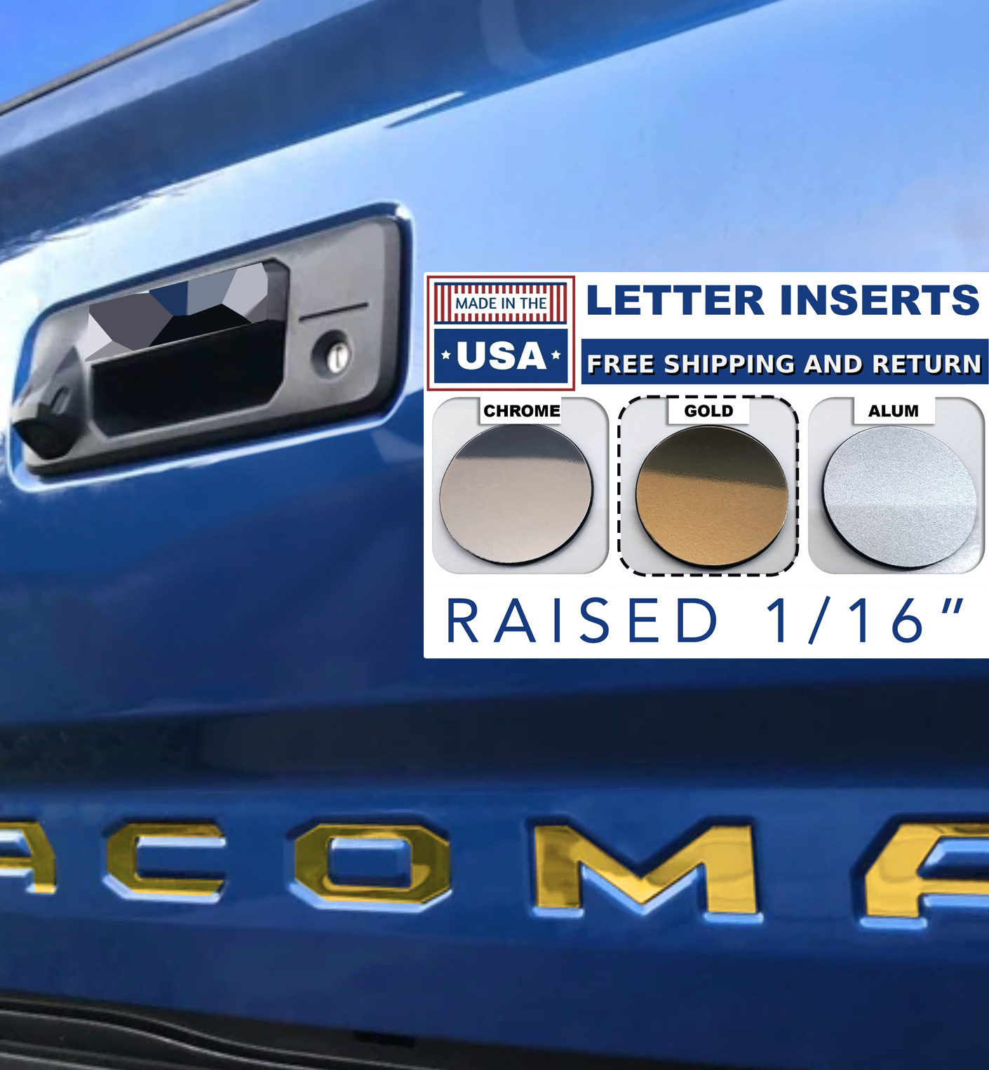 Gold Raised Plastic Letters Inserts Toyota Tacoma 2016-2023 Tailgate