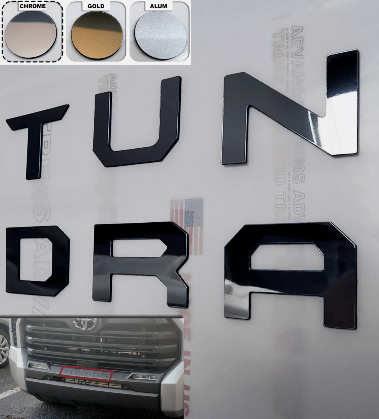 SET OF 2: 2022-24 CHROME Front Emblem TUNDRA + TRD GRILL Letters Inserts Badges