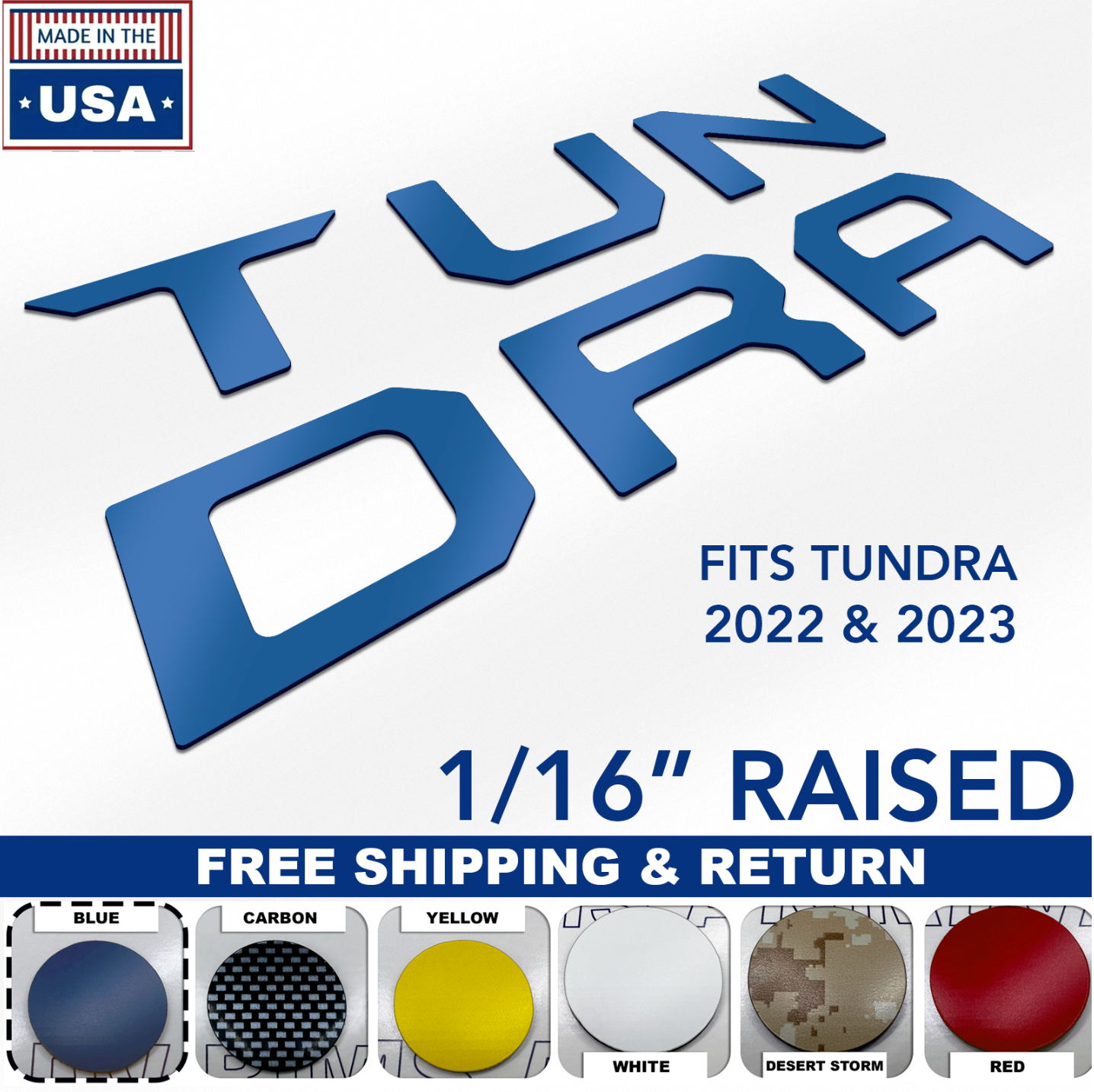 SET OF 2: 2022-2024 BLUE Front Emblem TUNDRA + TRD GRILL Letters Inserts Badges