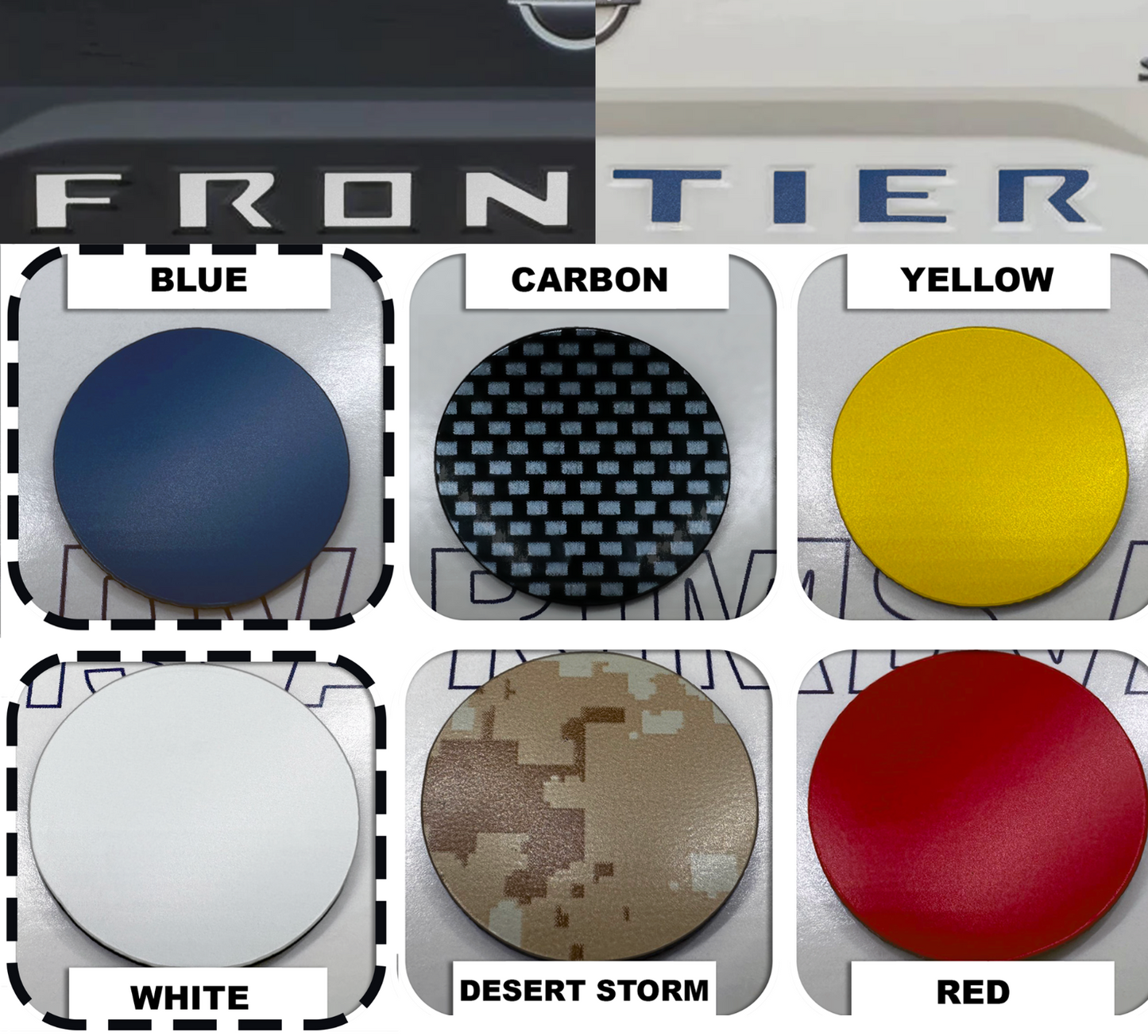 WHITE/BLUE Tailgate Letters for 2022-2024 Frontier: white "FRON" & blue "TIER"