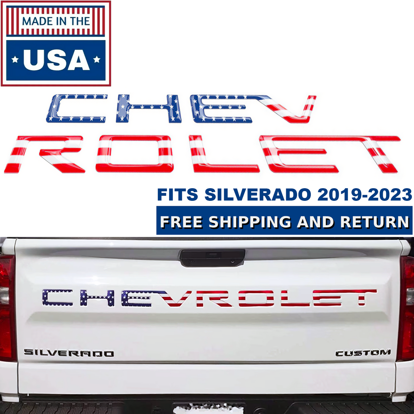 3D Flag Gloss Tailgate Letters Chevy Silverado 2019-2024 Inserts