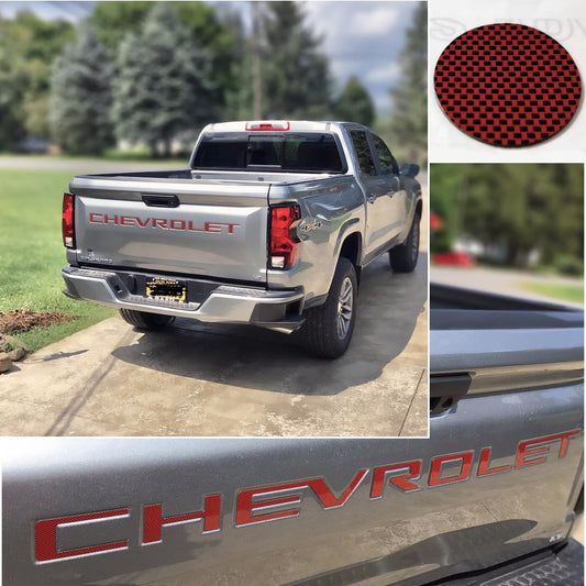 Red Carbon Raised Plastic Tailgate Letters Inserts NEW CHEVY COLORADO 2023