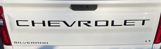 SET OF 2:Black Gloss Raised Tailgate Plastic Letters Inserts +WHITE Overlay Grill Letters Chevrolet Silverado 2022-2026