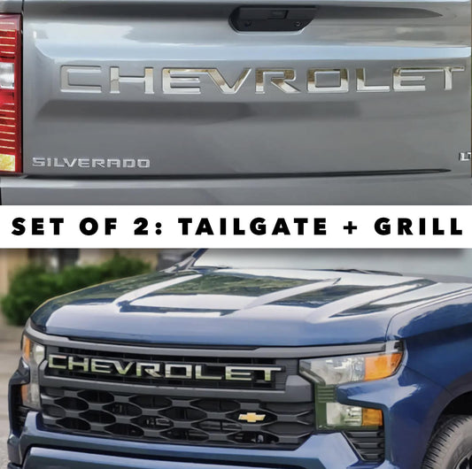 SET OF 2: Overlay Grill Letters + Tailgate Inserts 2022 - 2024 Silverado Chrome