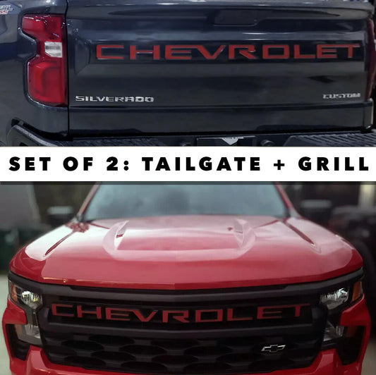 SET OF 2: Overlay Grill Letters + Tailgate Inserts 2022 - 2024 Silverado in RED