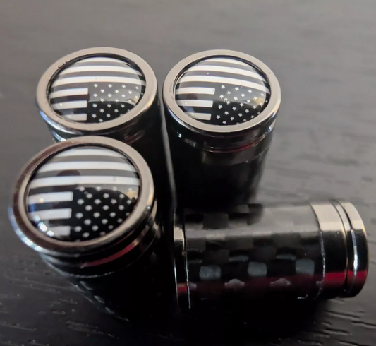 4x fits Patriotic US BLACKOUT CARBON FLAG Tire Valve Stem Caps For Car Truck