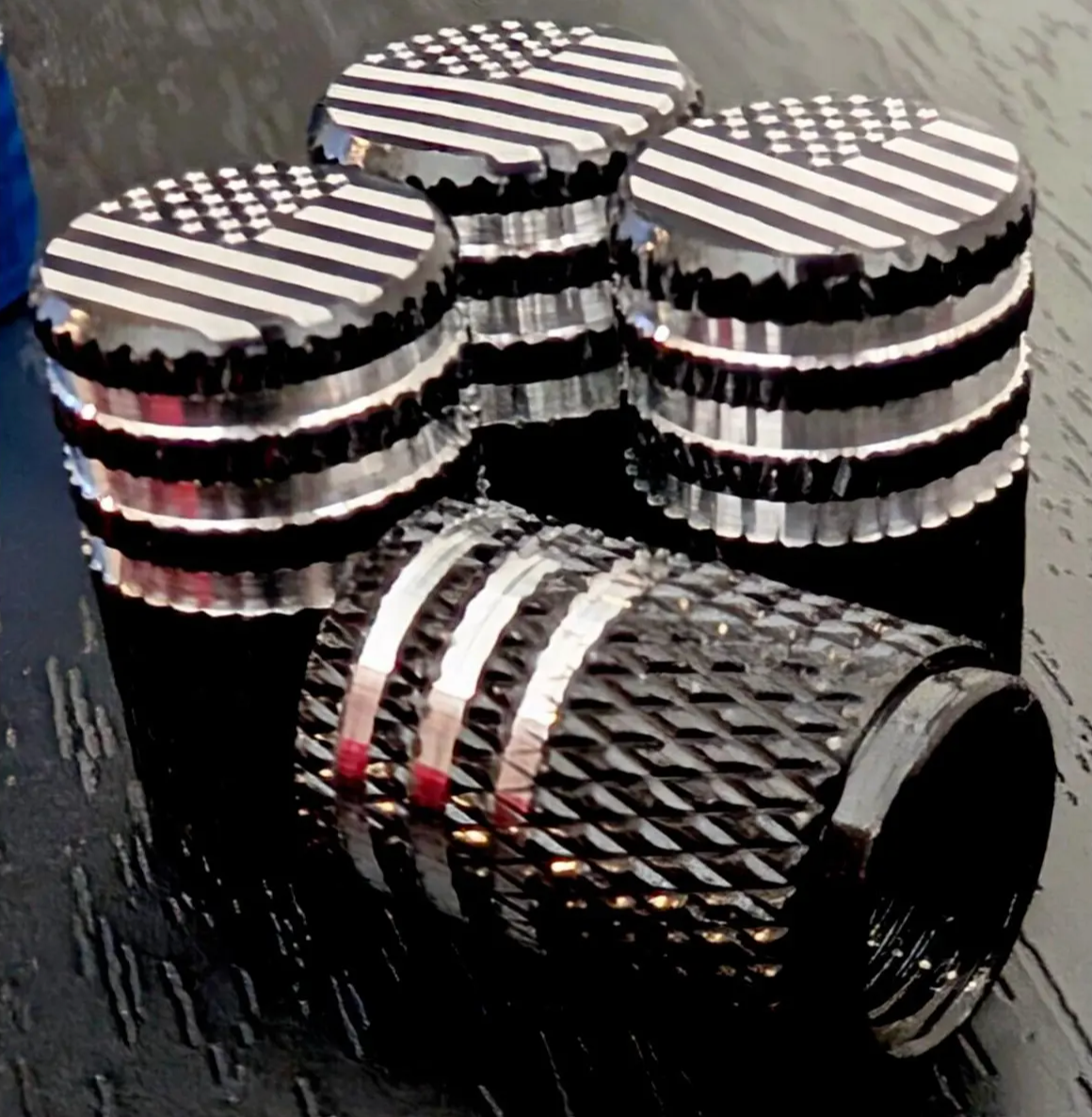 3-Lines BLACKOUT ALUMINIUM Patriotic USA Flag Tire Valve Caps Universal Car Truck Bike x4