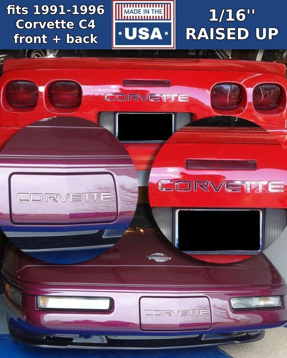 Chrome FRONT & REAR Plastic Raised Letters Inserts fits Corvette C4 1991-1996